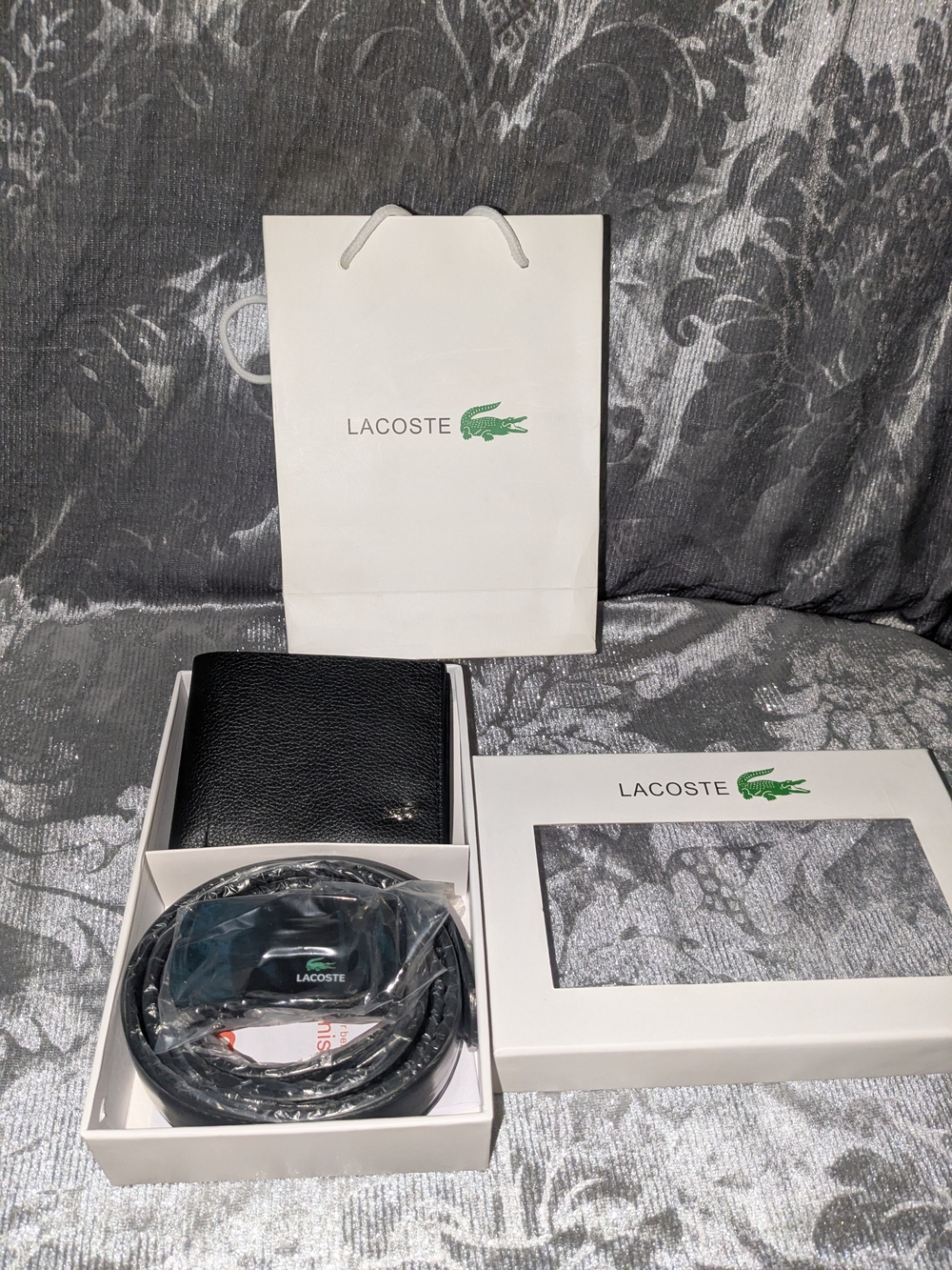 Lacoste Black Leather Wallet & Black Belt Gift Set with White Lacoste Packaging